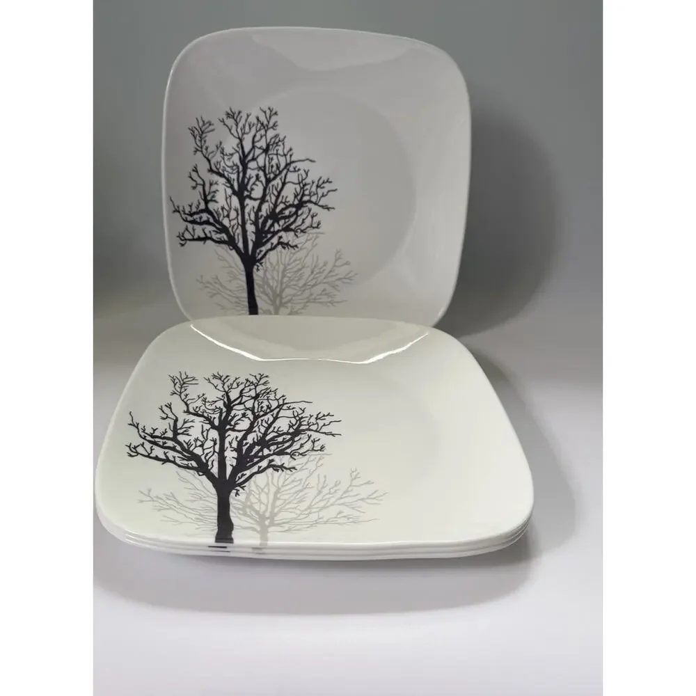 Corelle‎ Set Of 4 Tree Shadows 10.5”Square Large Dinner Plates Black Gray Nature